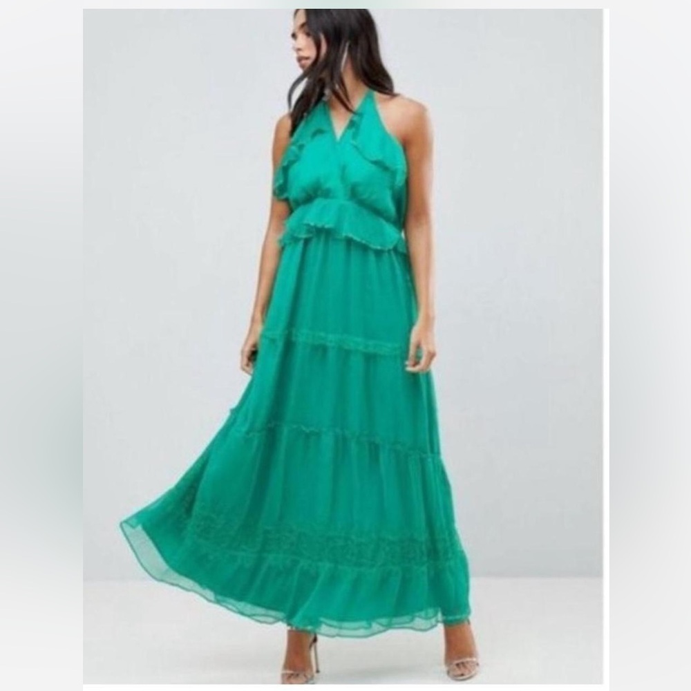 Anthropologie Adelyn Rae Venus Frill Tiered green Maxi Dress bohemian S luxury